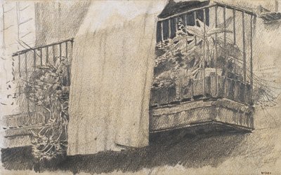 Balcony with Flowers and Curtain by Santiago Rusiñol